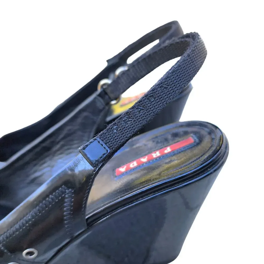 Prada Black Sport Patent Leather Peep Toe Wedge Slingback Sandals 41